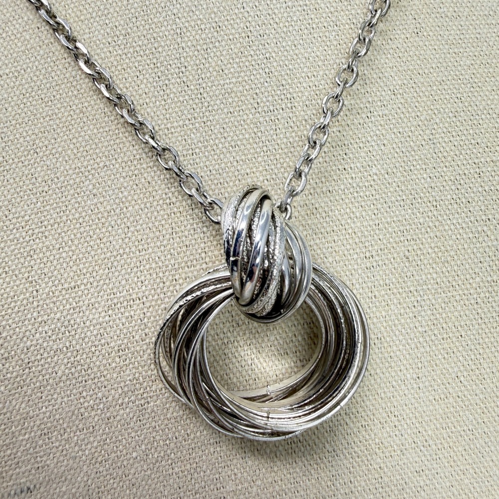 Multi Ring Knot‎ Necklace Pendant Long Cable Chain Statement Silver Tone